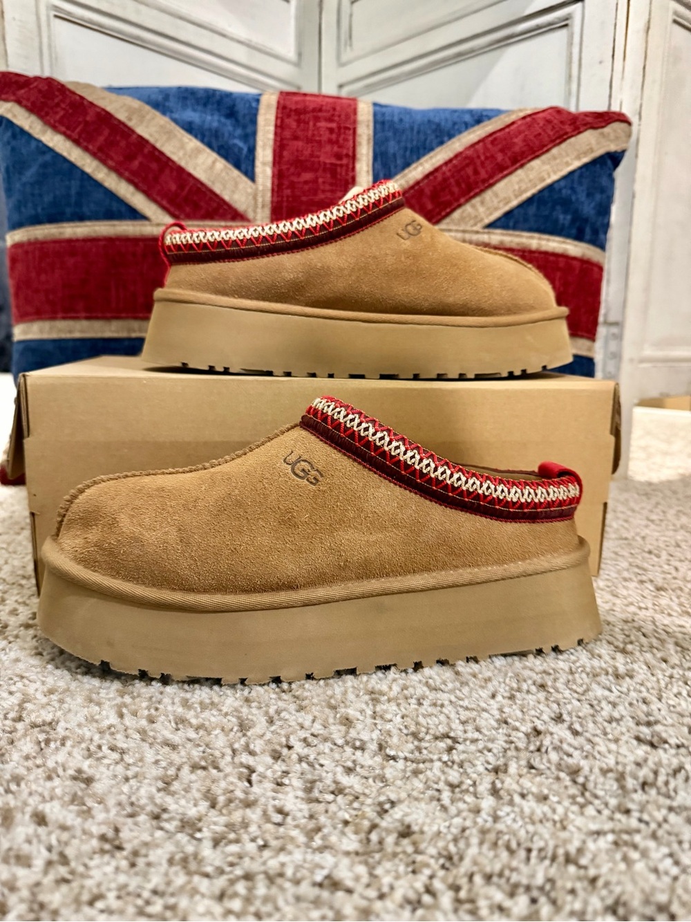 UGG Women’s Chestnut Suede Platform Slip-On Mules with Red Trim